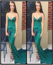 Elegant V Neck Emerald Green Long Prom Dresses With Side Slit Satin Mermaid Evening Party Gowns vestido fiesta3809753