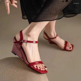 Dress Shoes Slope Heel Sandals Female Wine Red Temperament Square Head Open Toe For Women Fashion Roman High Heels Summer Sandal