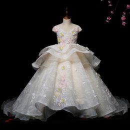 Luxurious Flower Girl Dresses Ball Gown Lace Pearls Beaded Crystals Organza Lilttle Kids Birthday Pageant Weddding Gowns Princess For Kid Child Wedding Party