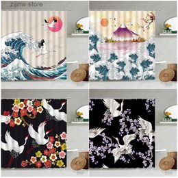 Shower Curtains Crane Sea Waves Shower Curtains Sun Fuji Mountain Bird Flowers Plants Creative Landscape Bathroom Decor Fabric Bath Curtain Sets Y240316
