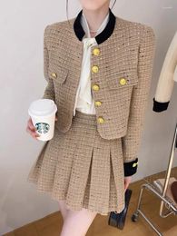 Work Dresses High Quality Elegant Tweed Two Piece Set For Women Autumn Winter Long Sleeve Jacket Coat Skirt Sets Luxury Sequined Outfits