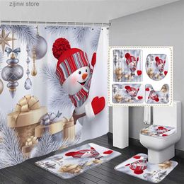 Shower Curtains Funny Snowman Shower Curtain Set Xmas Ball Silver Pine Branches Gift Christmas Home Bathroom Decor Rug Bath Mat Toilet Lid Cover Y240316