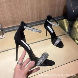 Black shoes 2023 new slim heel rhinestones with a unique charm socialites versatile high-heeled sandals for women