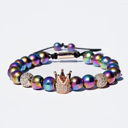 Strand 8mm Beads Men Bracelet Fashion Ladies Woven Adjustable Micro Zircon Bangle Crown Colour Couple Jewellery