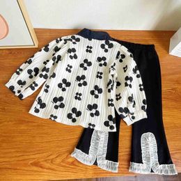 Clothing Sets 2023 Spring and Autumn New Girls Clothing Set European American Style Flower Shirt+Cute Lace Flare Pants Fashion Kids Outfit