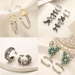 Fashion Womens Geometric Round Pearl Stud Earrings Luxury Designer Letter Stainless Steel Crystal Rhinestone Earring 18K Gold Plated Women Wedding Party Jewelry