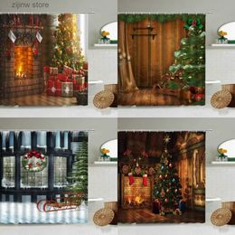 Shower Curtains Merry Christmas Shower Curtains Xmas Tree Fireplace House Winter New Year Theme Bathroom Waterproof Polyester Screen Home Decor Y240316