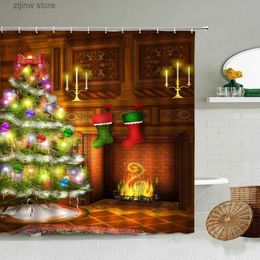 Shower Curtains Merry Christmas Shower Curtain Xmas Tree Fireplace Candle Light Fairy Night Festival Bathroom Decor With Hook Polyester Screen Y240316