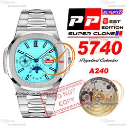 5740 Perpetual Calendar A324SC Automatic Mens Watch PPF Sky Blue Texture Dial Stick Markers Stainless Steel Bracelet Super Edition Reloj Hombre Puretimewatch PTPP