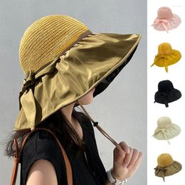 Wide Brim Hats Sun Hat Large Bowknot Braided Windproof Strap Splicing Protection Breathable Women Summer Anti UV Fisherman Cap