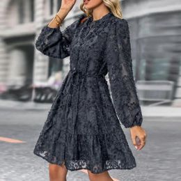 Casual Dresses Solid Colour Long-sleeve Dress Spring Summer Elegant Lace A-line Midi With Long Sleeves Tight Waist For Women Soft