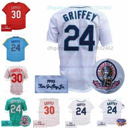 Ken Griffey Jersey Vintage 1989 Bianco 1995 Verde 1997 2000 Gessato 2005 10th Red Mesh BP Blu Pullover Nero Navy Retirement Patch uomo donna maglie giovanili