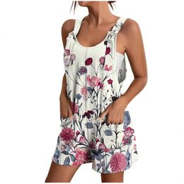 Women Jumpsuits Summer Shorts Overalls Multicolor O Neck Sleeveless Casual Rompers with Pockets Playsuits 240307