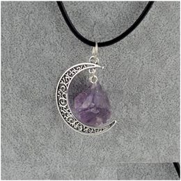 Pendant Necklaces Simple Irregar Natural Stone Crystal Healing Moon Pendant Necklaces Jewelry With Rope Chain For Women Men Drop Deliv Dhcji