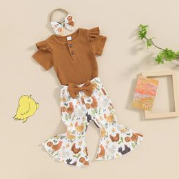 Clothing Sets FOCUSNORM 0-18M Summer Baby Girls Clothes 3pcs Short Sleeve Button Front Solid Romper Chicken Print Flare Pants Headband