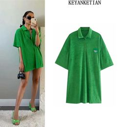 Basic Casual Dresses KEYANKETIAN High Quality Towel Fabric Green Dress Pullover Lapel Collar Loose Short Skirt Fashion Mid Length TopC24315