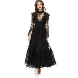Women's Runway Dresses Stand Collar Embroidery Lace Sexy Tulle Laid Over Elegant Designer Party Prom Gown