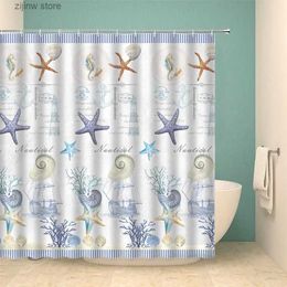 Shower Curtains Starfish Coral Nautical Shower Curtains Set Ocean Sailboat Beach Lighthouse Shells Vintage Blue Fabric Bathroom Decor with Hooks Y240316