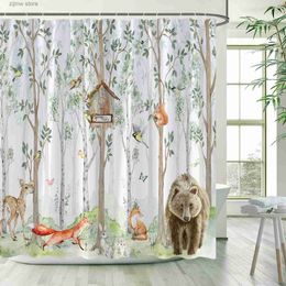 Shower Curtains Spring Forest Animal Shower Curtains Brown Bear Deer Fox Squirrel Bird Plant Tree Printed Polyester Fabric Bathroom Decor Hooks Y240316