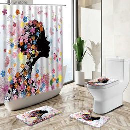 Shower Curtains Floral Woman Shower Curtain Colourful Butterfly Flower Green Leaf Fashion Girl Non-Slip Carpet Toilet Cover Bath Floor Mat Set Y240316