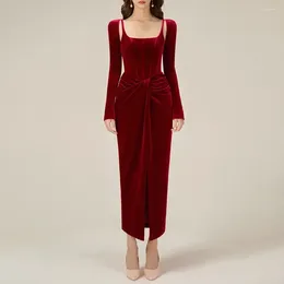 Casual Dresses 2024 Autumn Women's Wine Red Black Velvet Pendant Sexy Square Neck Tight Long Dress Elegant Celebrity Party