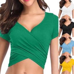 Women's Tanks Sexy V Neck Crop Top Ruched Cross Slim Basic Bottom Shirt Short Sleeve T Solid Colour Cotton Cropped Tops 2024