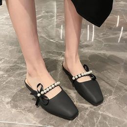 Slippers Bow Flats Women Mules Shoes Beaded Designer Shallow Walking Sandals 2024 Summer Slingback Trend Dress Slides Female