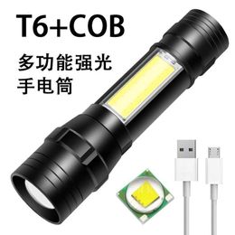 New Telescopic Focusing Mini USB Charging T6+Cob Side Lights Long Range Outdoor Strong Light Flashlight 151341