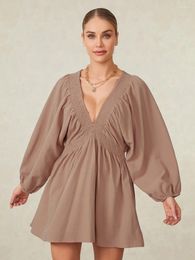 Casual Dresses Women Long Sleeve Deep V Neck Tunic Dress Loose Flowy Mini Swing Shift Smocked With Pockets