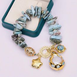 Strand G-G Lovely Natural Blue Larimar White Pearl 24K Gold Plated Edge Murano Glass CZ Oval Ball Bracelet