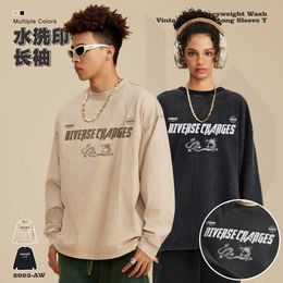 Be Mens Wear Spring Wash Old the Year of Loong Print Round Neck Long Sleeve T-shirt Street Loose Men