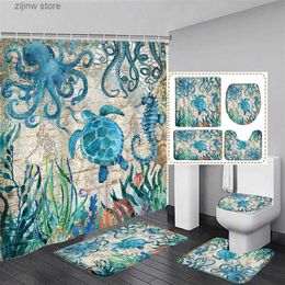 Shower Curtains Ocean Animal Shower Curtain Set Sea Turtle Octopus Seahorse Fish Seaweed Scenery Bathroom Decor Non-Slip Rug Bath Mat Toilet Lid Y240316