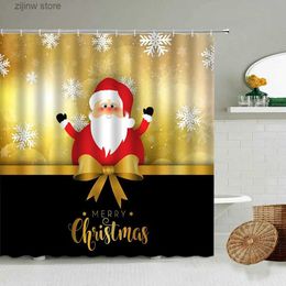 Shower Curtains Merry Christmas Shower Curtain Happy New Year Santa Claus Elk Snowflake Red Background Bathroom Decor With Hook Polyester Screen Y240316