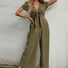 Women's Pants Anti-wrinkle Jumpsuit Stylish Summer Jumpsuits V-neck Lace-up Romper Wide Leg Streetwear Casual Short Sleeve Rompers