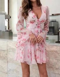Casual Dresses 2024 Spring Female Clothes Floral Print Bell Sleeve Plunge Dress Temperament Commuting Women's Elegant A Line