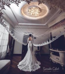 WhiteIvory Applique Tulle 3 Meters Long Bridal Head Veils With Comb Wedding Accessories Lace Bridal Veil veu de noiva CP2115188