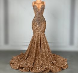 Sparkly Brown Diamond Long Prom Dress for Black Girl Luxury Beads Rhinestone Gold Sequin Mermaid Evening Formal Pageant Gowns Custom Made