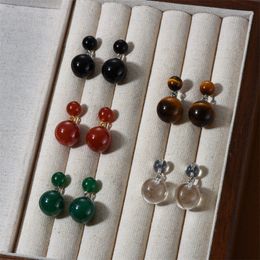 Fashion Vintage Natural Tiger Eye Stone White Crystal Green Agate Double Ball Earrings Women Light Luxury Charm Jewellery Trend