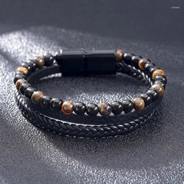 Strand NIUYITID Tiger Eye Stone Bead Bracelet For Men Women Three-Layer Leather Chain Woven Charms Hand Jewelry Homme Christmas Gift