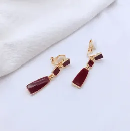 Backs Earrings French Wine Red Retro Hong Kong Style Temperament Long Tassel Ear Clip Without Pierced Female Round Face