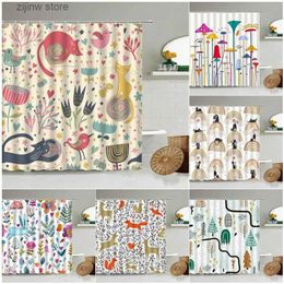 Shower Curtains Cartoon Hand-Painted Animal Shower Curtain Cat Bird Rabbit Plant Flower Child Bathroom Decor With Hook Hanging Screen Washable Y240316