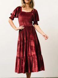 Party Dresses Women S Pleated Swing Maxi Dress Ruched Puff Sleeve Square Neck Velvet A Line Long Cocktail Evening Flowy