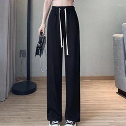 Women's Pants Women Drawstring High Waist Wide Leg Casual Sweatpants Ribbed Solid Color Loose Long Trousers Streetwear