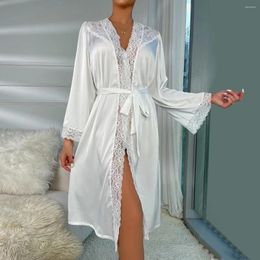 Women's Sleepwear Wedding Bride Dress White Lace Trim Bathrobe Women Satin Kimono Elegant Nightgown Long Sleeve Home Dressing Gown