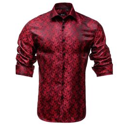 Hi-Tie Wine Burgundy Paisley Floral Silk Mens ShirtLong Sleeve Casual Shirts For Men Jacquard Male Business Party Wedding Dress 240304