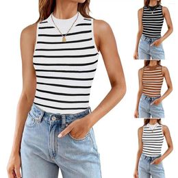 Camisoles & Tanks Women's Sleeveless Ribbed High Neck Slim Fit Striped Tank Top