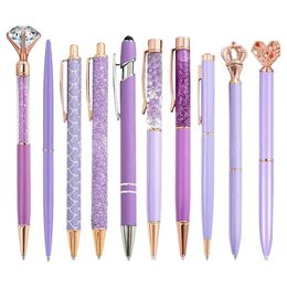 10pcs Purple Colour Pen Set Diamond Ballpoint Pen Student Business Office Metal Pen Luxury Gift Pen Set Office School Supplies 240307