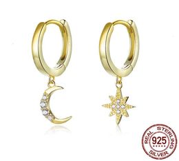 Earrings bamoer Genuine 925 Sterling Silver Moon and Star Dangle Earrings with Charm Plated In Gold New Trends Huggies Earrings 001