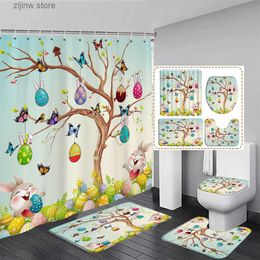 Shower Curtains Funny Bunny Easter Shower Curtain Set Cartoon Rabbit Spring Flower Butterfly Colourful Eggs Bathroom Decor Bath Mat Toilet Cover Y240316