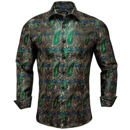 Hi-Tie Green Purple Silk Mens Shirts Paisley Floral Long Sleeve Casual Shirt For Men Jacquard Male Business Party Wedding Dress 240304